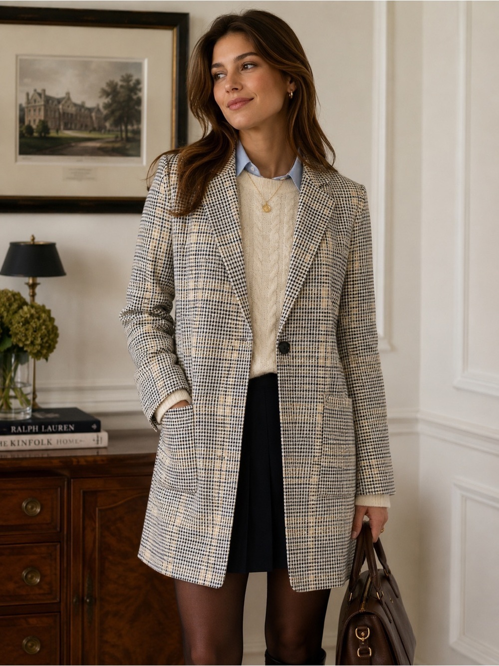 Philosophy Preppy Houndstooth Long Blazer Coat in Neutral Browns & Black, XS